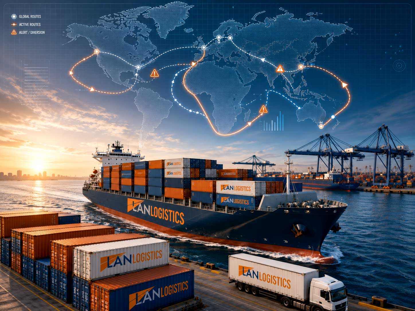 Buque portacontenedores en una ruta marítima internacional que representa la crisis logística global y su impacto en el comercio internacional.