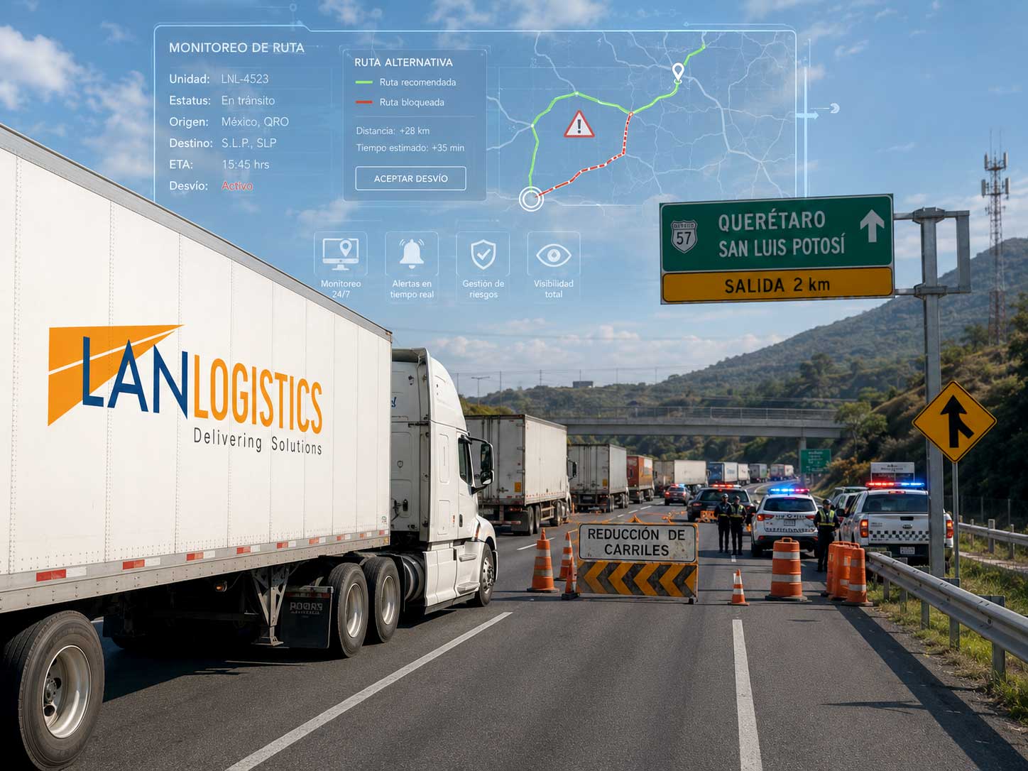 Camión de carga detenido por un bloqueo carretero en México que afecta la logística terrestre y la cadena de suministro.