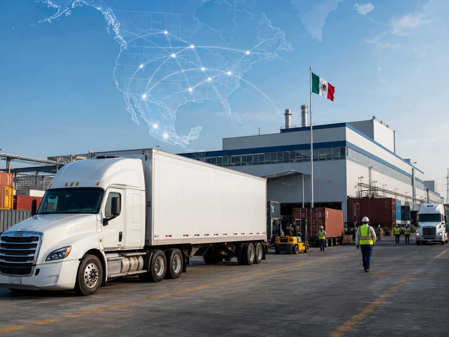 Operación de logística para nearshoring en México con un camión de carga frente a una planta manufacturera.